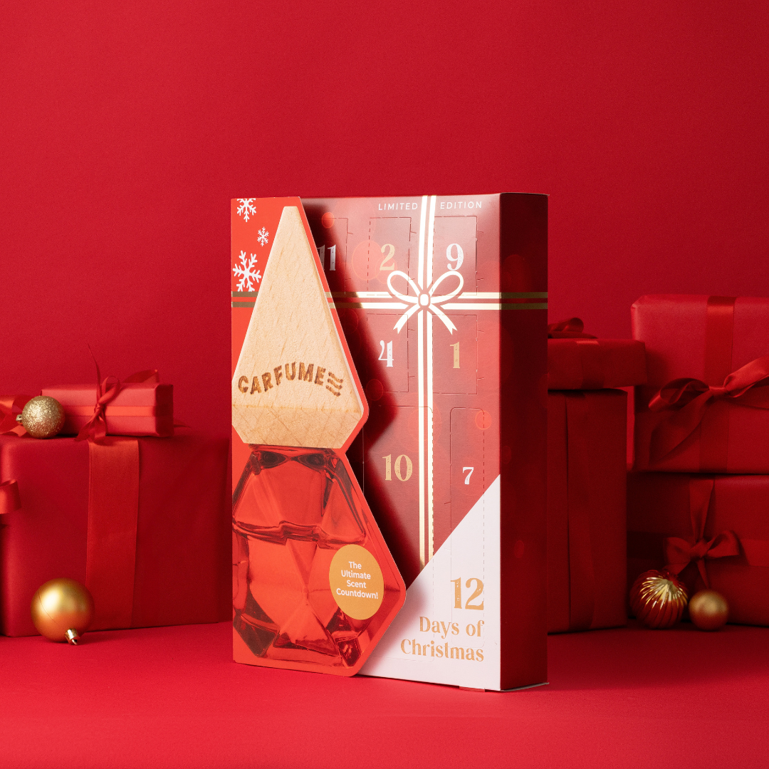 Carfume advent calendar standing open in the snow
